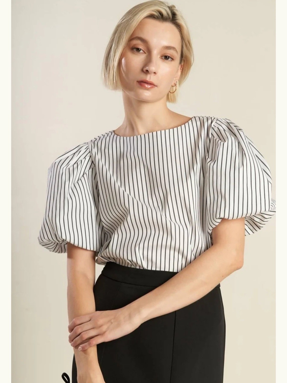Maeve Striped Puff-Sleeve Blouse - White/Black